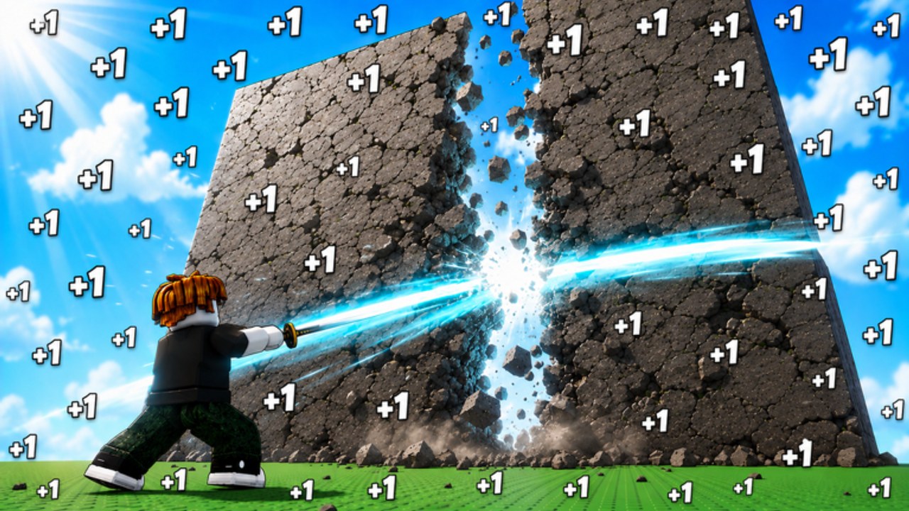 Player splitting a stone wall with a cyan slash shockwave to farm Wins in +1 Slash Per Click on Roblox